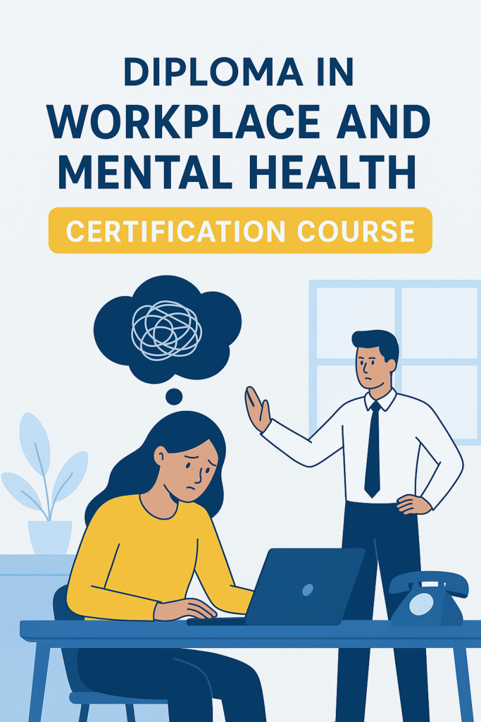 Illustration of a diverse group of employees in a workplace setting, emphasizing mental health, stress management, and overall wellness, representing a complete guide to workplace mental health