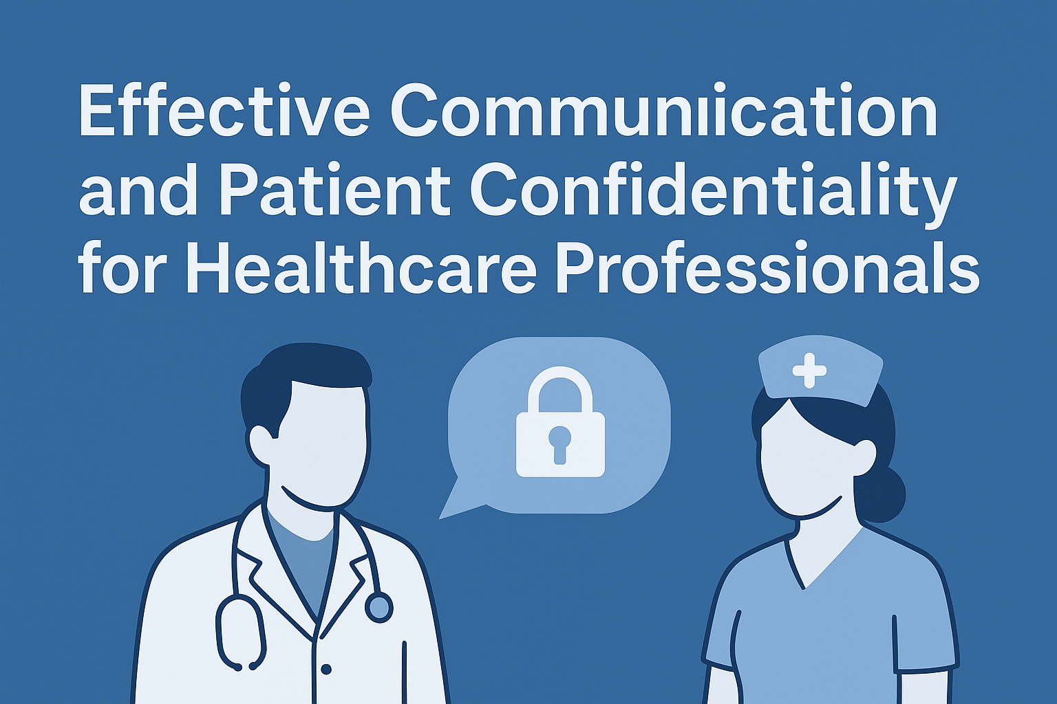 Illustration of healthcare professionals demonstrating effective communication and patient confidentiality. On the left, a doctor and nurse engage in a clear, supportive conversation. On the right, a clinician gestures for privacy with a lock icon symbolizing secure and confidential patient information."