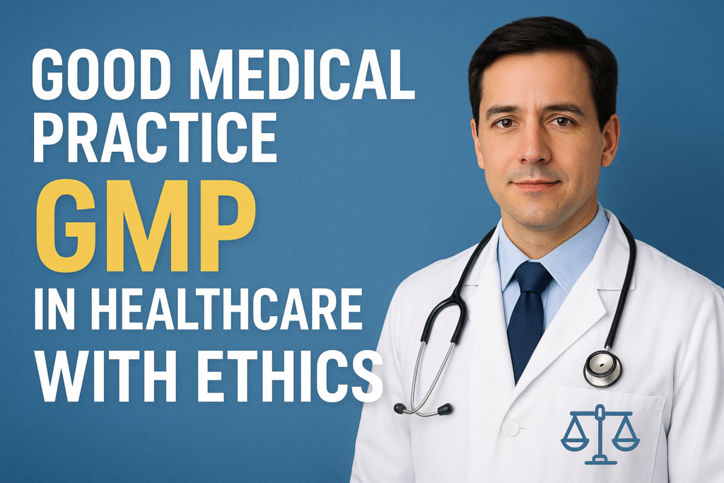 Good Medical Practice and healthcare ethics concept with doctor ensuring professional standards Healthcare ethics and GMP principles illustrated with medical professional guidance Doctor promoting Good Medical Practice and ethical healthcare standards Medical ethics GMP guidelines represented in a professional healthcare setting
