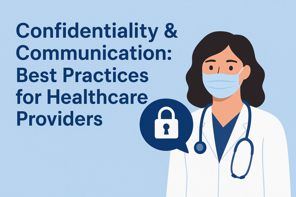 Healthcare professionals communicating with a patient in a private clinical setting, demonstrating confidentiality and effective communication best practices with secure record handling and respectful interaction