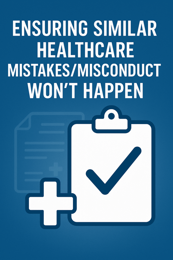 Blue healthcare-themed graphic with the title ‘Ensuring Similar Healthcare Mistakes/Misconduct Won’t Happen,’ featuring a checklist clipboard icon and a medical cross symbol, representing safety, compliance, and error prevention in healthcare