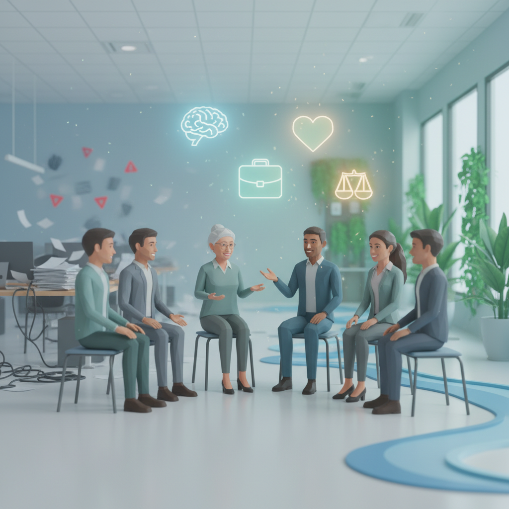 Employees and leaders developing skills in workplace mental health awareness and support.