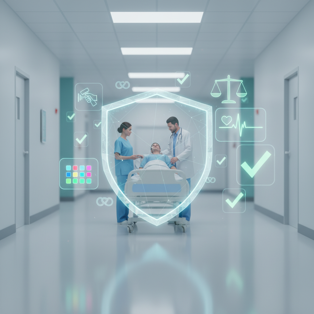 A healthcare team reviews patient safety protocols in a hospital meeting room, analyzing past errors and implementing preventive measures to avoid future misconduct or mistakes. Charts, documents, and safety checklists are visible, emphasizing accountability, transparency, and continuous improvement in healthcare practice.