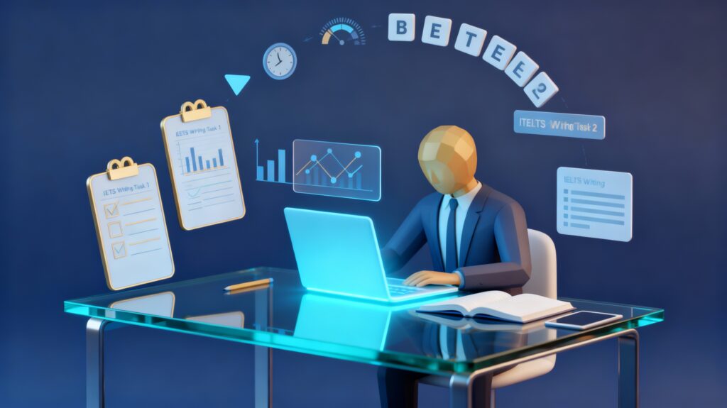 Professionals improving academic writing skills for IELTS exam success.