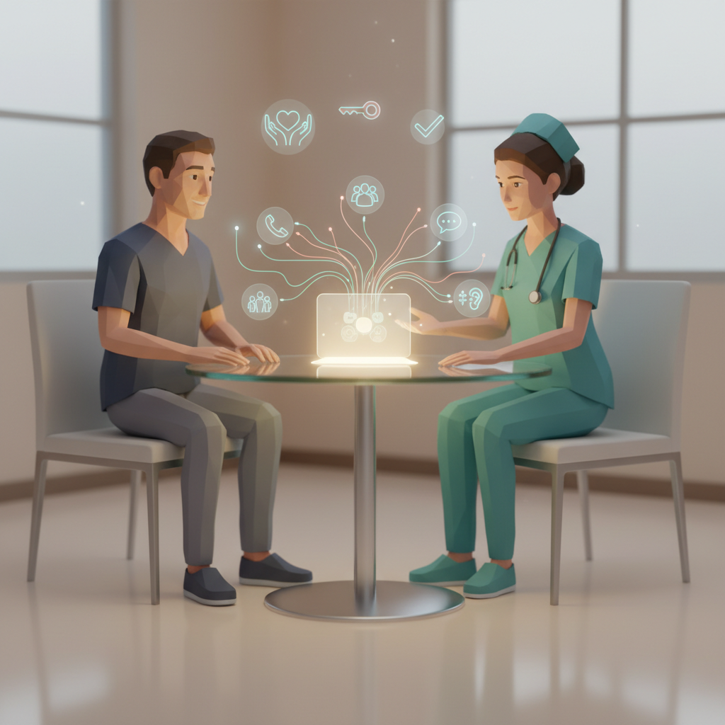 Doctor communicating with patient to ensure informed consent and shared decision-making in care.