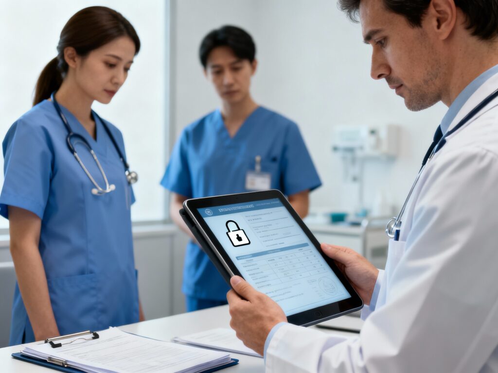 Watercolor illustration of a doctor and nurse quietly reviewing a patient chart together while a small team of healthcare professionals listens attentively in a private office, conveying trust, confidentiality, and respectful communication
