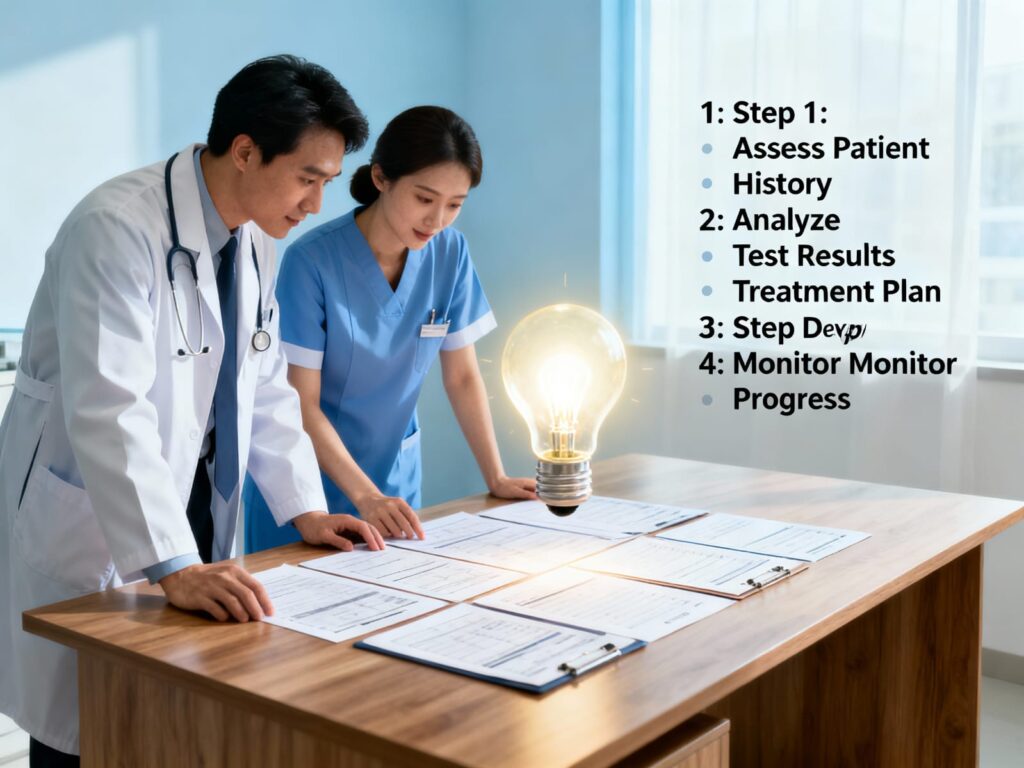 A serene watercolor-style illustration featuring a thoughtful male doctor in a white coat with a stethoscope around his neck. He gently forms a diamond shape with his hands in front of his chest, symbolizing care and reflection. Floating softly around him are translucent medical symbols: a caduceus, a stethoscope, and a medical cross, rendered in delicate blues and greens. The background consists of gentle watercolor washes in calming blue, teal, and warm amber tones, creating an atmosphere of contemplation, learning, and healing. The overall mood conveys empathy, professional growth, and the cycle of reflection, insights, and remediation in healthcare for doctors and nurses