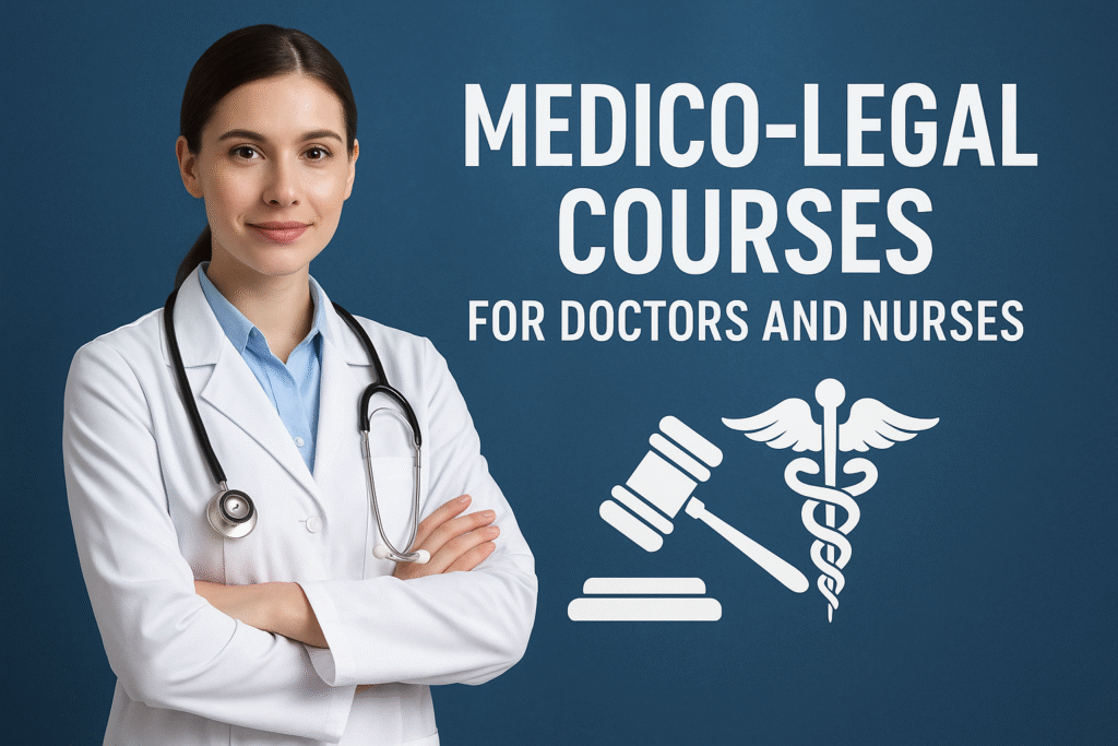 A professional doctor standing confidently beside bold text promoting Medico-Legal Courses for Doctors and Nurses, with medical and legal symbols representing healthcare ethics and legal responsibilities